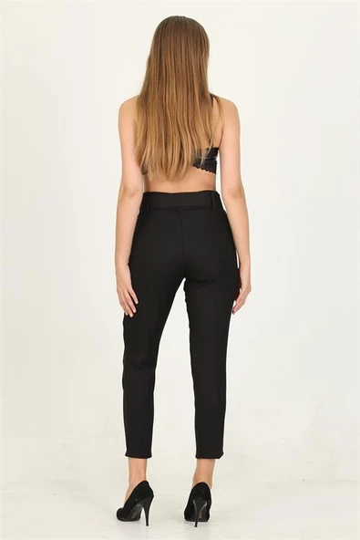 Dipmoda kadın siyah cepli kemer detaylı kumaş pantolon QNS026 - Resim 6