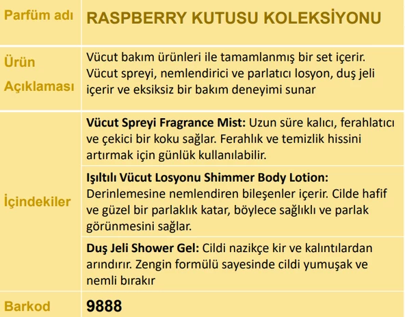 Nurxos 9888 Raspberry Ahududu Hediyelik Kutulu 3'lü Set Vücut Spreyi & Losyon & Duş Jeli - 5