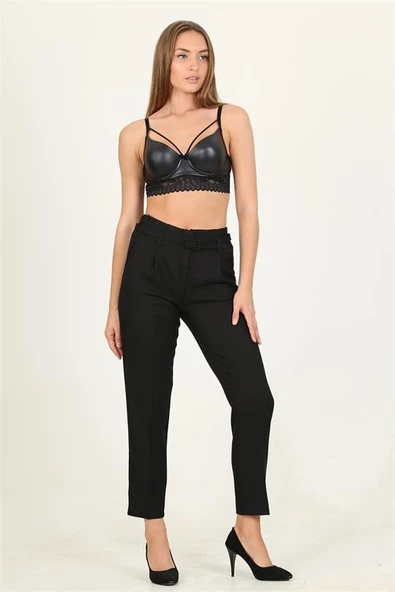 Dipmoda kadın siyah kemerli beli lastikli yeni sezon kumaş pantolon QNS032 - 4