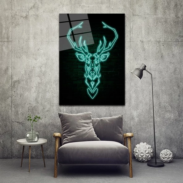 Neon Geyik Dekoratif ve Modern Cam Tablo