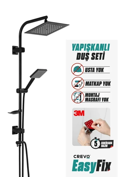 ZEK BANYO Full Siyah 3m Yapışkanlı Easyfix Tepe Yağmur Robot Duş Başlığı Seti Farah ( Türkiye Garantili) - 2