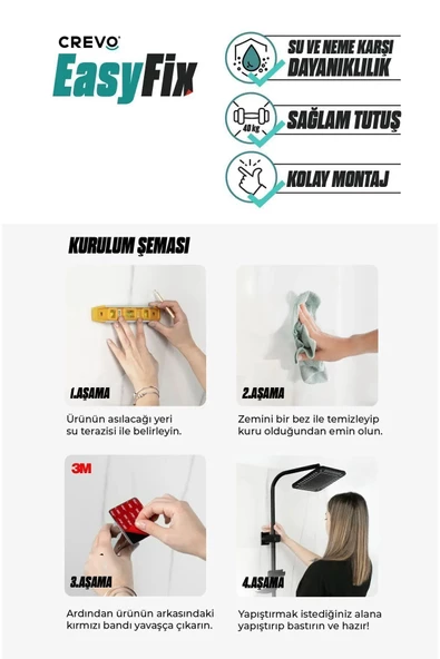 ZEK BANYO Full Siyah 3m Yapışkanlı Easyfix Tepe Yağmur Robot Duş Başlığı Seti Farah ( Türkiye Garantili) - 4