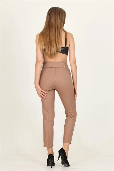 Dipmoda kadın camel kemerli yüksek bel havuç pantolon QNS033 - 5