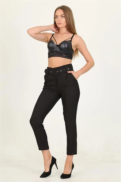 Dipmoda kadın siyah cepli kemer detaylı kumaş pantolon QNS026 - Resim 4