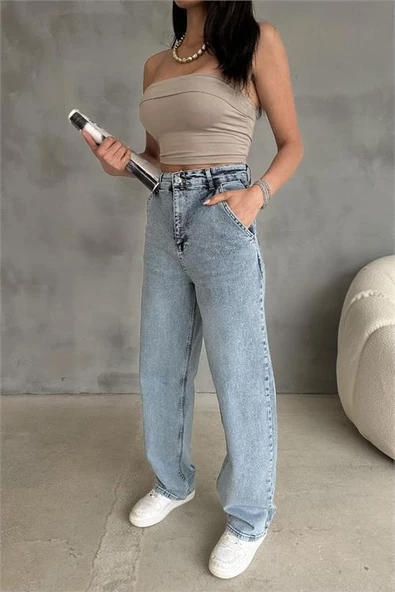 Dipmoda kadın likralı yüksek bel baggy jean DPR001 - 3