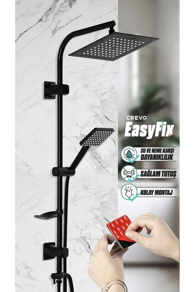 ZEK BANYO Full Siyah 3m Yapışkanlı Easyfix Tepe Yağmur Robot Duş Başlığı Seti Farah ( Türkiye Garantili)