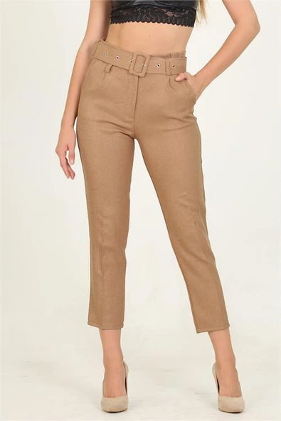 Dipmoda kadın camel cepli kemer detaylı kumaş pantolon QNS026 - 5