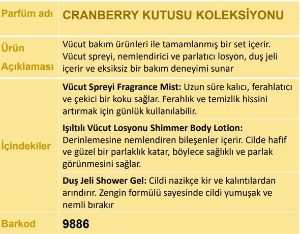 Nurxos 9886 Cranberry Kızılcık Hediyelik Kutulu 3'lü Set Vücut Spreyi & Losyon & Duş Jeli - 5