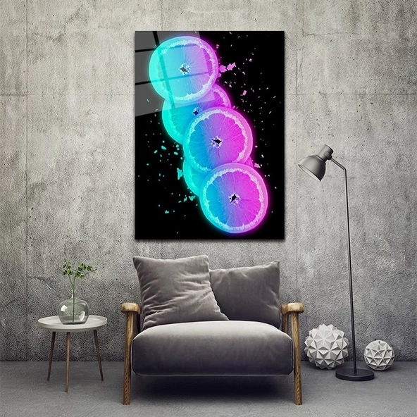 Neon Limonlar Dekoratif ve Modern Cam Tablo