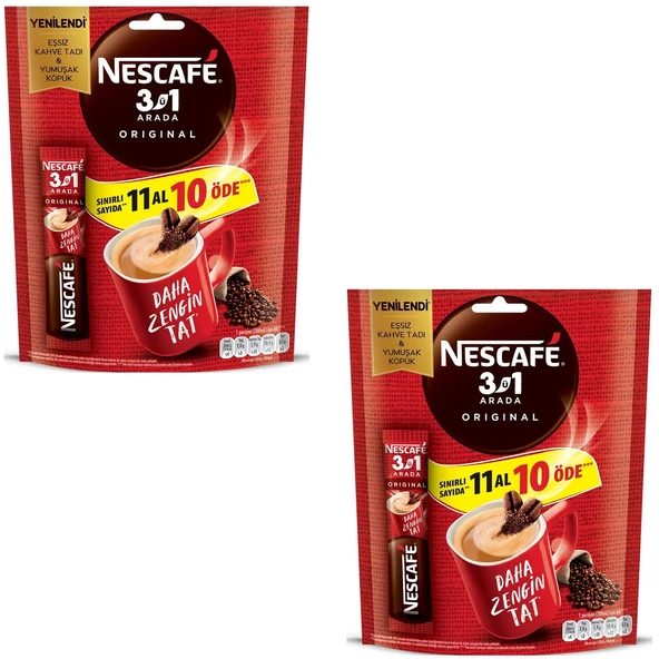 Nescafe 3'ü 1 Arada Original Kahve 11 Al 10 Öde 11 x 17.5g 2 ADET