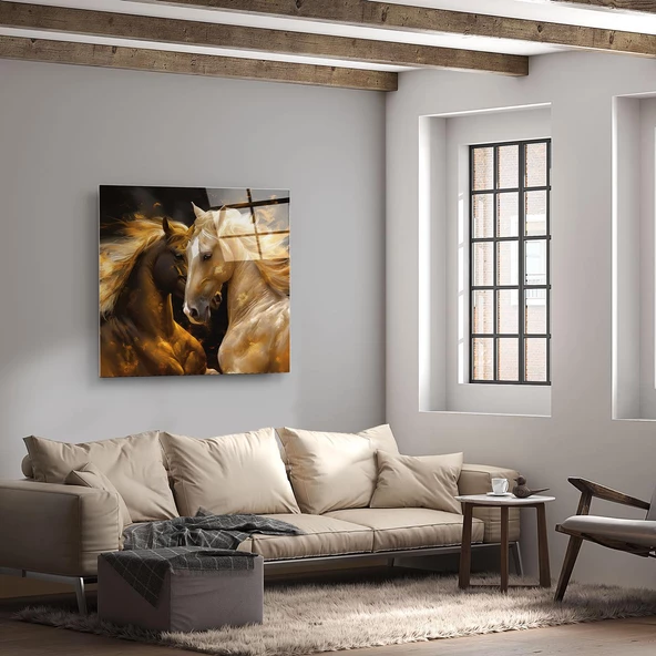 Sevgi ile Buluşan At Temalı Sanatsal Dekoratif ve Modern Cam Tablo ürün görseli