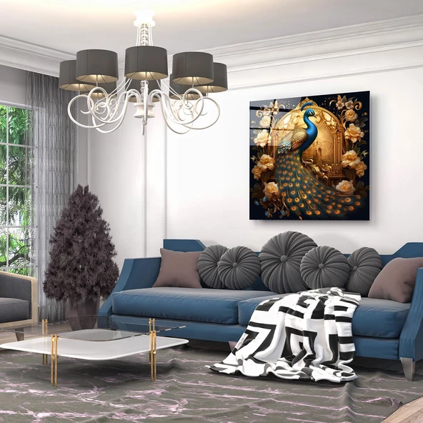 Tavuz Kuşu Ve Gold Çiçekler Dekoratif ve Modern Cam Tablo