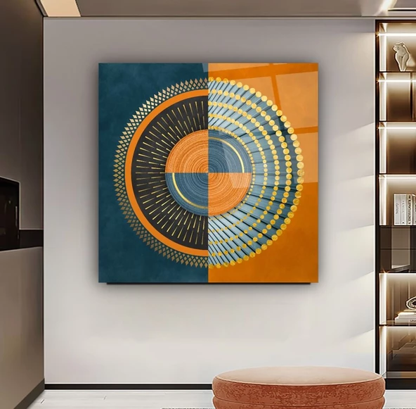 Turuncu Mavi Geometrik Sanatsal Dekoratif ve Modern Cam Tablo ürün görseli 1