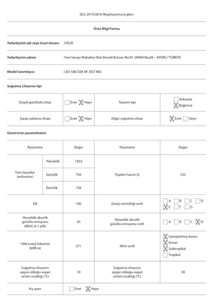 Uğur UES 540 D2K NF DGT R65 Çift Kapılı No Frost Beyaz Buzdolabı - Resim 3