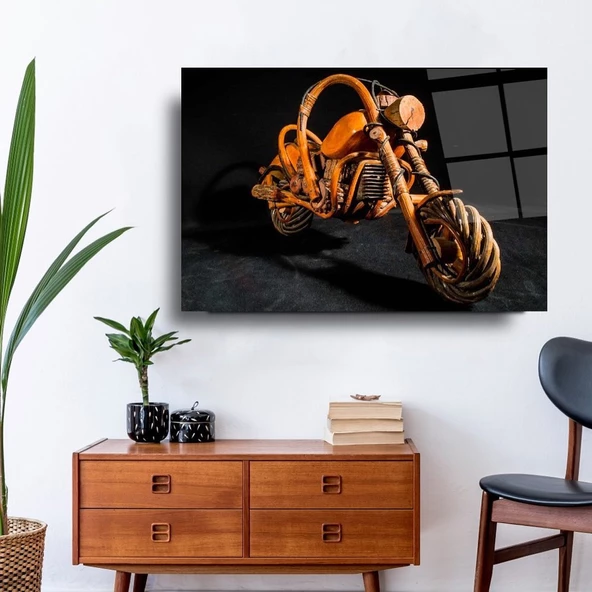 Tahta Motorsiklet Sanatsal Dekoratif ve Modern Cam Tablo