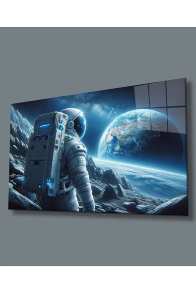 Uzay Görseli Astronot Dekoratif ve Modern Cam Tablo Yapay Zeka Hediyelik Büyük Tablo Ev Ofis Dekoru
