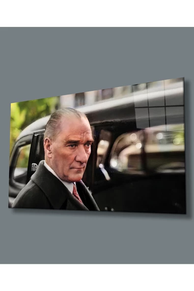 Atatürk ve Arabası Dekoratif ve Modern Cam Tablo, Uv Baskılı ve Temperli, Hediyelik ürün görseli