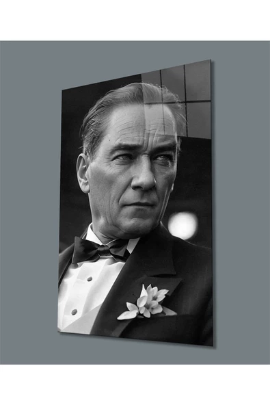 Siyah Beyaz Atatürk Yapay Zeka Dekoratif ve Modern Cam Tablo, Uv Baskılı ve Temperli, Hediyelik