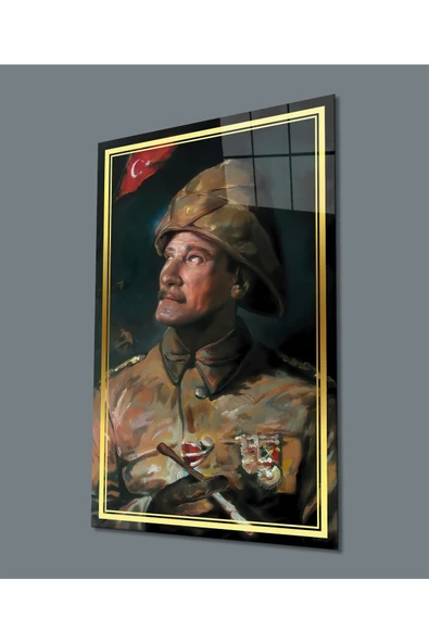 Gold Şerit Yapay Zeka Üniformalı Atatürk Dekoratif ve Modern Cam Tablo, Uv Baskılı ve Temperli, Hediyelik