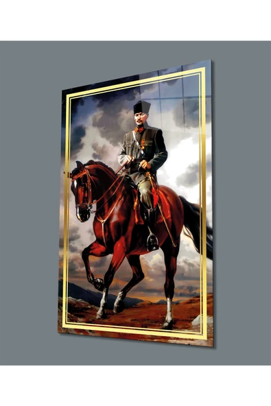 Gold Şerit At Üzerinde Atatürk Dekoratif ve Modern Cam Tablo, Uv Baskılı ve Temperli, Hediyelik
