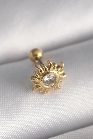 316L Çelik Gold Renk Zirkon Taşlı Güneş Tragus Piercing - TJ-PR1278 - 1