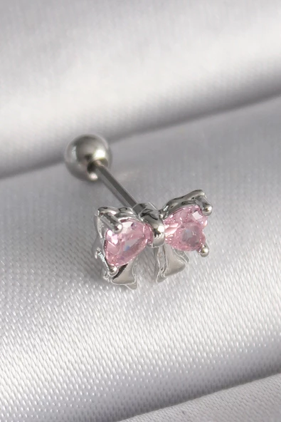 316L Çelik Gümüş Renk Pembe Zirkon Taşlı Fiyonk Tragus Piercing - TJ-PR1251