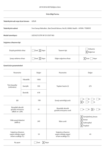 Uğur UED 8273 DTK NF D/S DGT R65 Beyaz Dikey Derin Dondurucu - 3