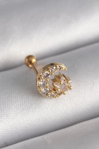 316L Çelik Gold Renk Zirkon Taşlı Ay Yıldız Tragus Piercing - TJ-PR1256