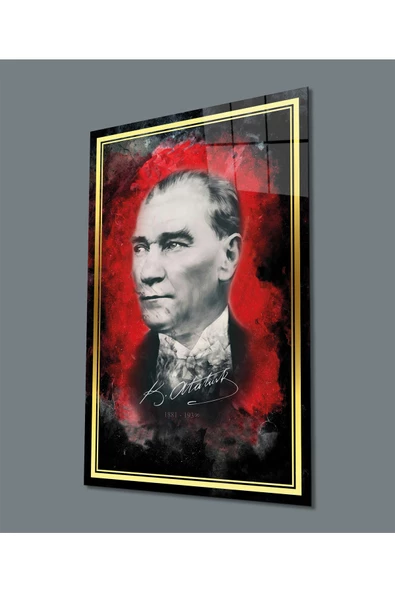 Gold Şerit Kırmızı Siyah Fonlu Atatürk Dekoratif ve Modern Cam Tablo, Uv Baskılı ve Temperli, Hediyelik ürün görseli 1