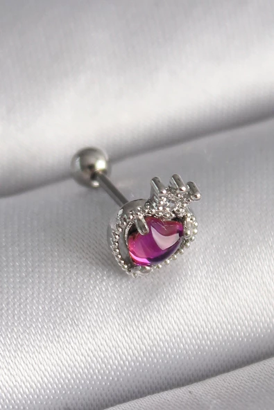 316L Çelik Gümüş Renk Pembe Mineli Kalp Zirkon Taş Detaylı Taç Tragus Piercing - TJ-PR1263