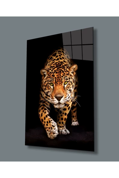 Jaguar Hayvan Portresi Uv Baskılı Dekoratif ve Modern Cam Tablo, Ev Ve Ofis Duvar Dekoru Hediyelik