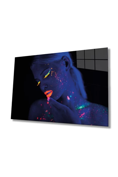 Yeşil Sarı Turuncu Mor Parıltılı Kadın Dekoratif ve Modern Cam Tablo, Ev ve Ofis Duvar Dekoru, Hediyelik Büyük Dekoratif ve Modern Cam Tablo ürün görseli