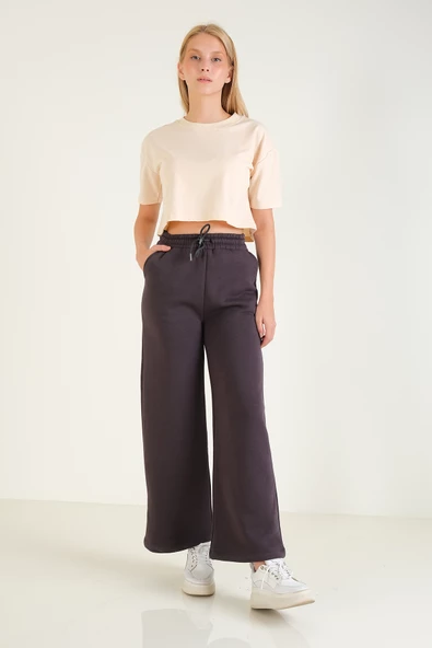 Kadın 3 İp Şardonlu Eşofman Altı Füme