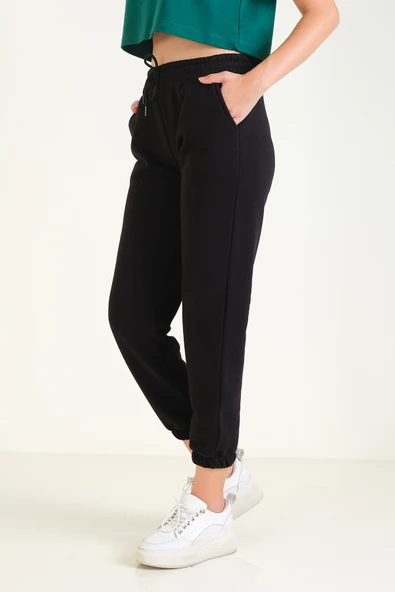 Kadın 3 İp Şardonlu Paça Lastikli Eşofman Altı Siyah - 4