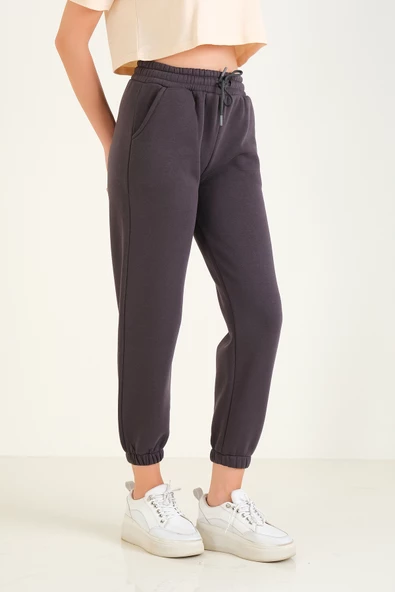 Kadın 3 İp Şardonlu Paça Lastikli Eşofman Altı Füme - 5