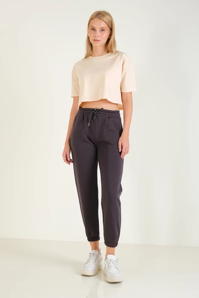 Kadın 3 İp Şardonlu Paça Lastikli Eşofman Altı Füme - 3