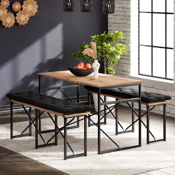 Eportatif Masa Takımı Minderli Bench Bank Masa Seti 120x60 Masa Mutfak Masası Yemek Masası Çam 1554 - 2