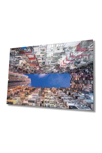 Renkli Geometrik Bina Dekoratif ve Modern Cam Tablo, Ev Ve Ofis Duvar Dekoru Hediyelik Büyük Tablo Dayanıklı Cam ürün görseli