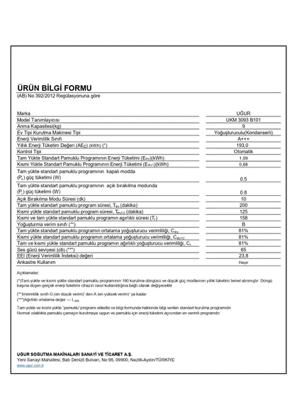 Uğur UKM 3093 B101 9 Kg C Enerji Çamaşır Kurutma Makinesi - Resim 3