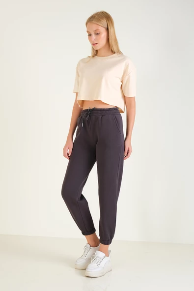 Kadın 3 İp Şardonlu Paça Lastikli Eşofman Altı Füme - 2