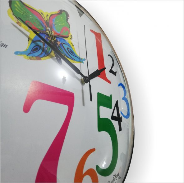 Ev Ofis Okul Kreş Dershane Çocuk Renkli Kalın Büyük Rakkam 35 cm Bombe Ön Camlı Sessiz Duvar Saati