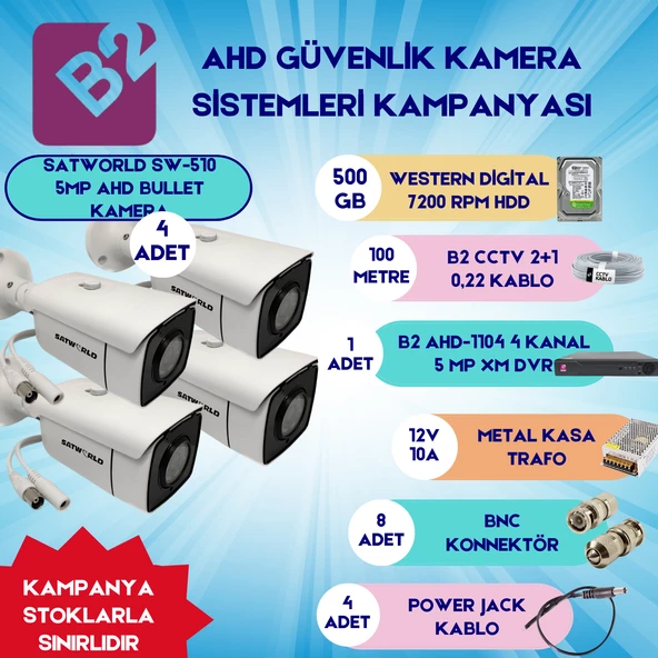B2 Ahd 5MP 4 Bullet Kamera 4 Kanal Güvenlik Dome Kamera Setleri