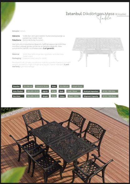 Ferforje görünümlü Istanbul Dikdörtgen Masa Balkon, Bahçe Masası - 7