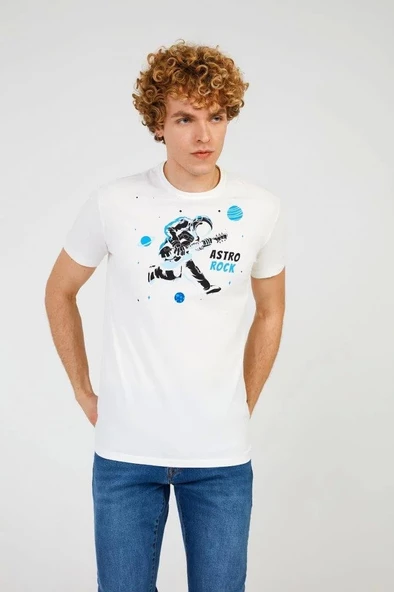 Bisiklet Yaka Baskılı Beyaz Erkek T-shirt Tc7122 ürün görseli