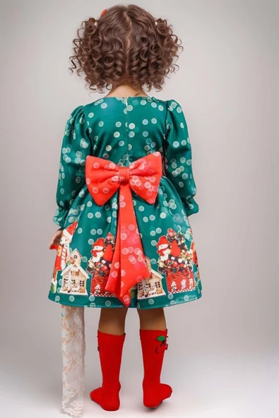 Kız Çocuk Üzeri Ev ve Ayıcık Desenli Beli Şerit Üzeri Puantiyeli Yeşil Noel Elbise - Resim 2