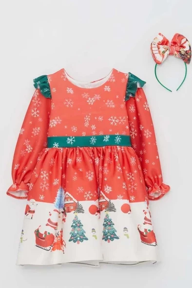 Kız Çocuk Omuzları Fırfırlı Geyik ve Kar Tanesi Baskılı Kırmızı Noel Elbise - 3
