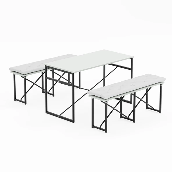 Eportatif Masa Takımı Minderli Bench Bank Masa Seti 120x60 Masa Mutfak Masası Yemek Masası Beyaz 1555 - 5