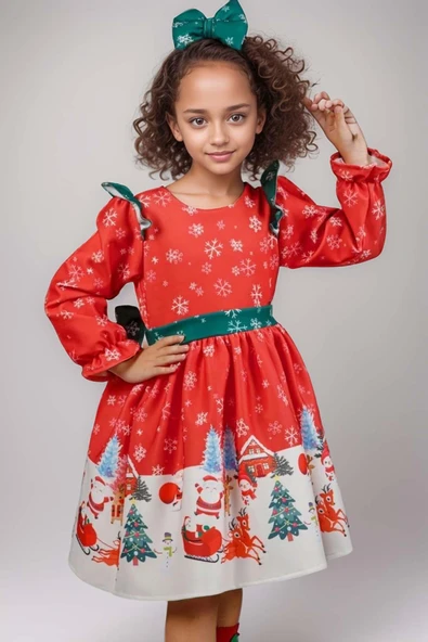 Kız Çocuk Omuzları Fırfırlı Geyik ve Kar Tanesi Baskılı Kırmızı Noel Elbise ürün görseli