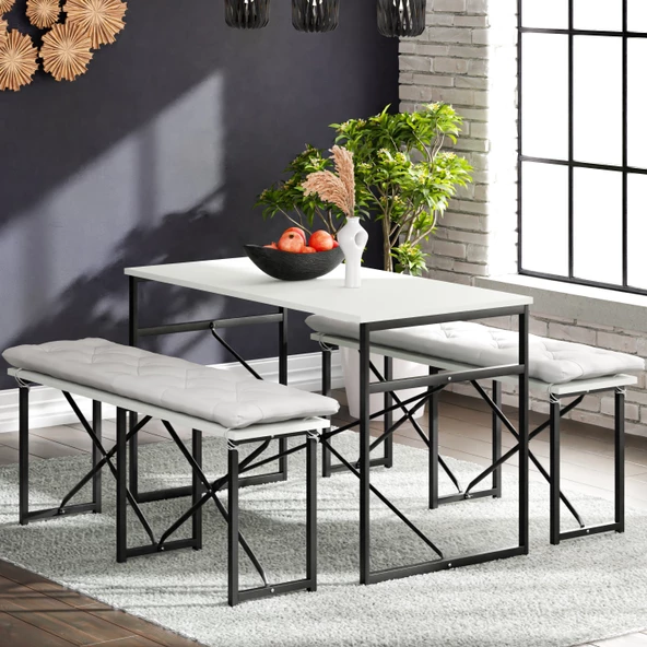 Eportatif Masa Takımı Minderli Bench Bank Masa Seti 120x60 Masa Mutfak Masası Yemek Masası Beyaz 1555 - 2