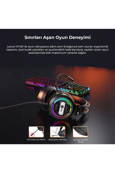 Lecoo Ht401 Kablolu 3.5mm Jack Usb Kulak Üstü Rgb Led Aydınlatmalı Gaming Kulaklık Siyah